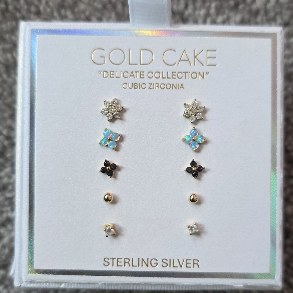 GOLD Cake Sterling Silver Earrings Set, 5Pairs